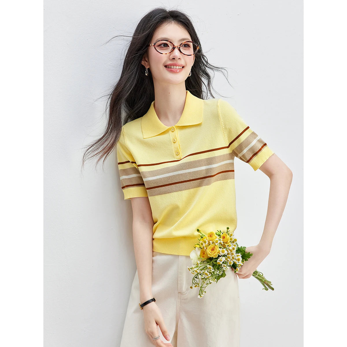VIMLY Women's Contrasting Stripes Knitted T-shirt Summer 2026 New Polo Neck Casual Versatile Short Sleeve Yellow Top 75373