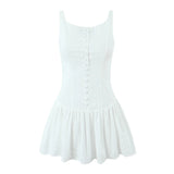 2024 Sexy White Embroidery Lace Low Waist Mini Tank Dress Women Open Buttons Neck Bodycon Sleeveless Ruched Hem Swing Party Robe