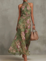 Women Orange Paisley Print Short Sleeve Maxi Dress Fashion V-neck Ruffle Trim Belted Slit Hem Dresses 2026 Lady Vacation Gown