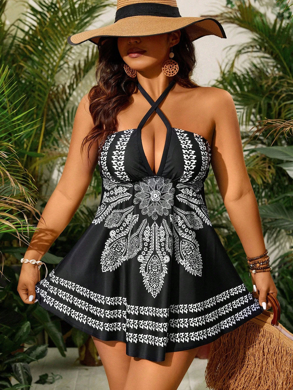 Printed Vintage Two Piece Women's Swimsuit Plus Size Tankini Swimwear Bandage Sexy Beach Tunic Swimdress Bathing suit