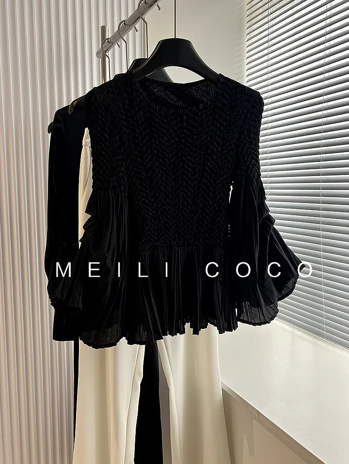 YUDX Pleated Heavy Embroidery Flared Sleeves Solid Color Design T-shirt Breathable and Comfortable 2024 Fall New