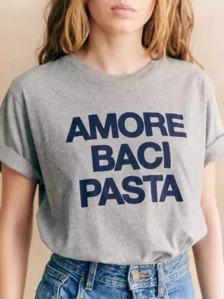 Women's Gray Tshirt Letter Print Pattern Short Sleeve Fashionable and Casual Tee 2024 Summer Female O-neck T-Shirt