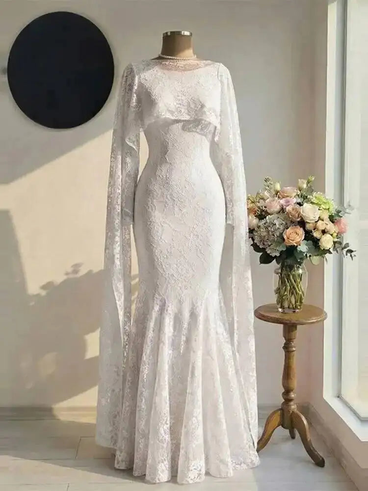 LGRQ 2026 New Elegant Round Neck Long Sleeved Waist Slimming Dress With Lace Shawl Temperament Women's Party Gown 19DB2591