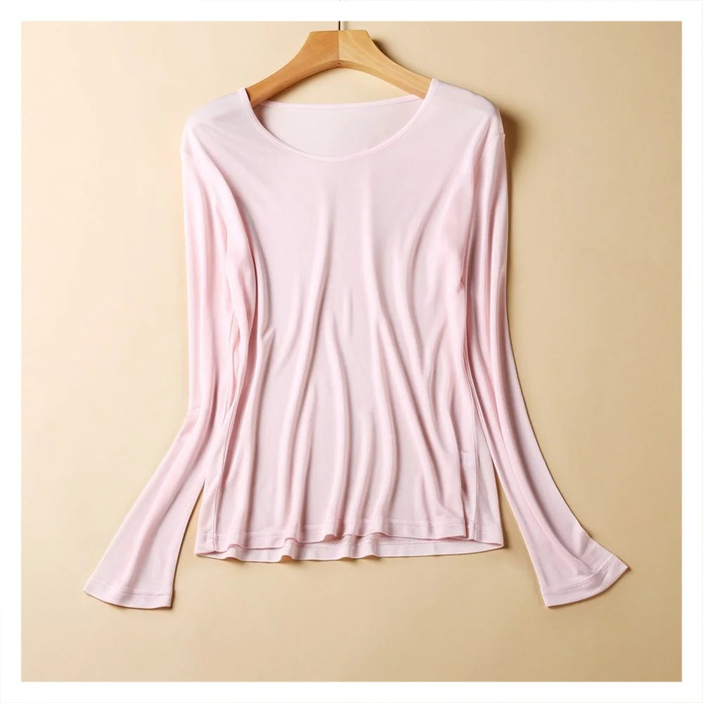 2025 Fashion New Mulberry Silk Long Sleeve Bottoming Shirt Women's Silk Knitted Solid Color Round Neck Bottoming Shirt