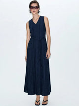 Amii Women's Casual Dresses 2026 Summer V Neck Belted Fringed Jacquard Elegant Sleeveless A-Line Midi Dress For Women 12652075