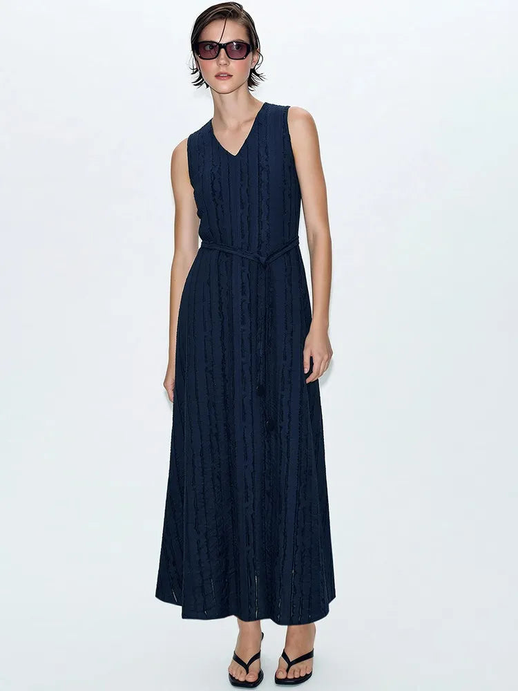 Amii Women's Casual Dresses 2026 Summer V Neck Belted Fringed Jacquard Elegant Sleeveless A-Line Midi Dress For Women 12652075