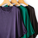 21MM 100% Natural Mulberry Silk Plain Satin Skin Friendly Round Neck Batwing Mid Sleeve Loose Simple Women's Casual T-shirt