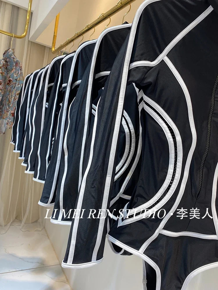 New black lines sexy slimming long sleeved sunscreen surfing sports one-piece swimsuit