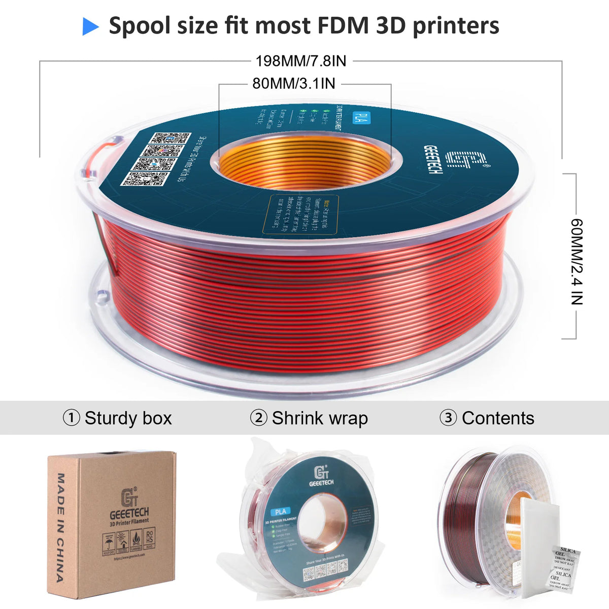 Geeetech 5Kg Three Tri Color Silk PLA Filament , 3D Filament 1,75 mm Spool Wire  (+/-0.03mm) Vacuum packaging, special color