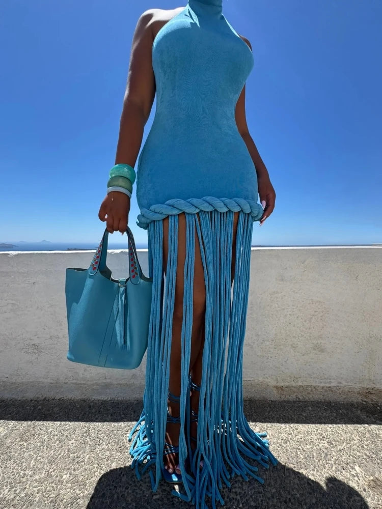 Sexy Halter Neck Patchwork Twist Knot Tassels Long Dress Women Blue Velvet Sleeveless Backless Dresses Evening Party Cocktail