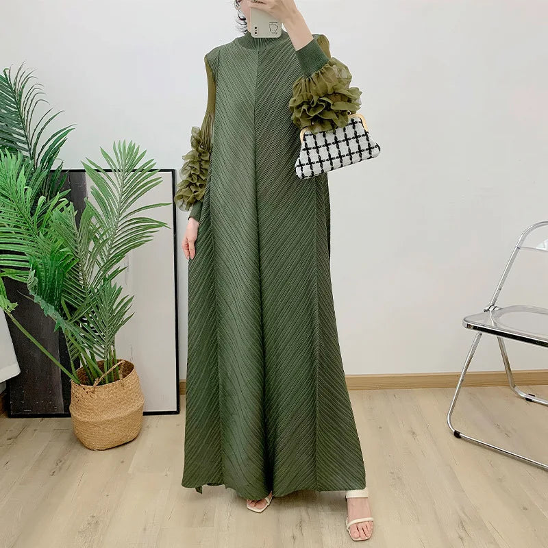 YUDX Luxury Purple Miyake Pleated High Neck Maxi Evening Dress, Ruffle Sleeve Women's Wedding Guest Ramadan Party Dress 2026 New