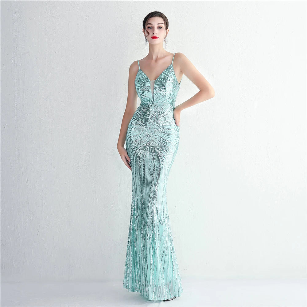 HBLL Women Strap Party Maxi Dress Sexy V Neck Evening Dress Celebrity Purple Sequin Dress Long Prom Formal Occasion Dress