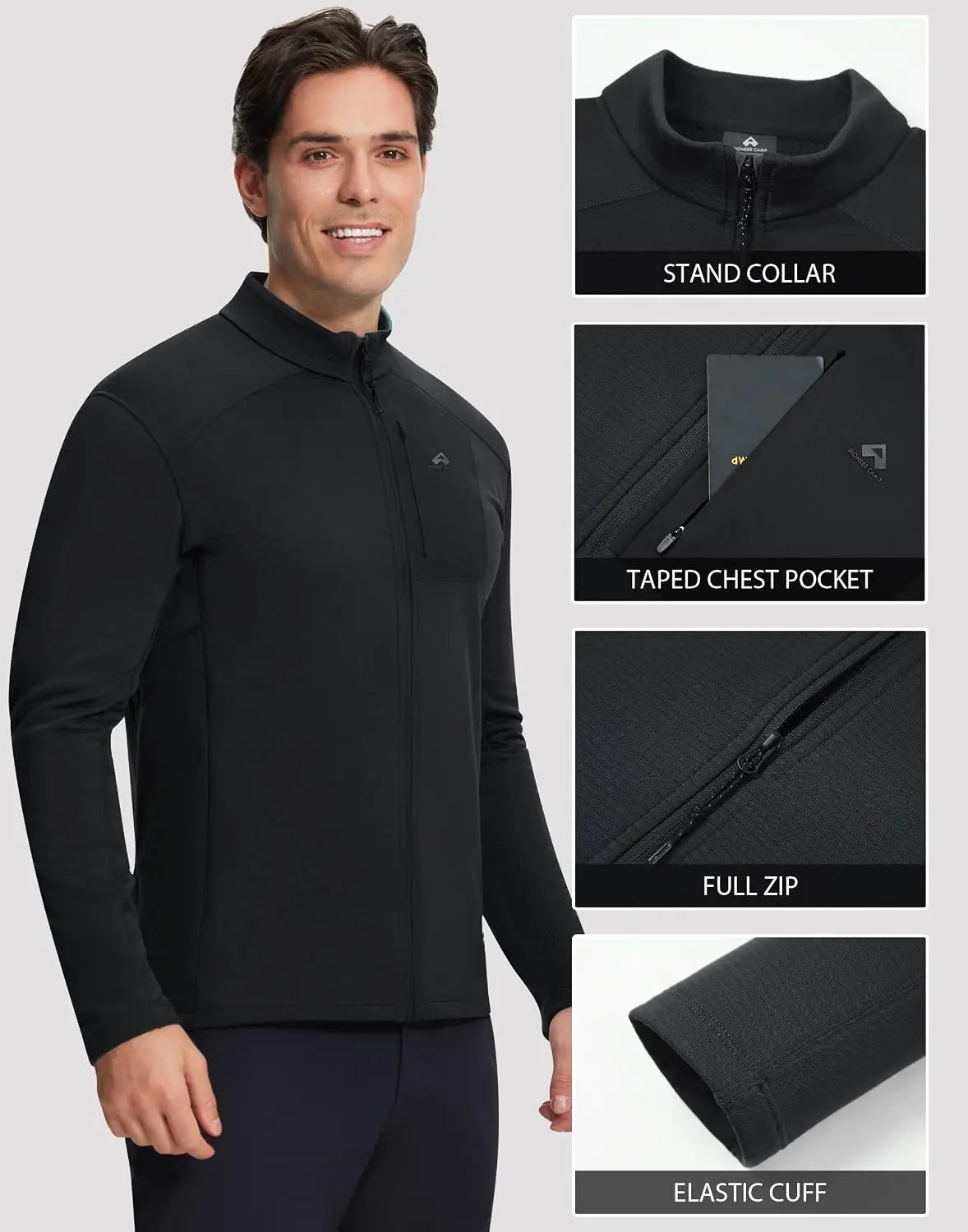 Pioneer Camp Mens Grid Fleece Jacket Full Zip Up Professional Mid Layer Outdoor Winter Thermal Sweatshirt with Chest Pocket