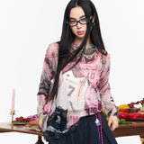 ELFSACK Mesh Long Sleeve T-shirt, Retro Jersey Print See-through Top, Cute Cat Patchwork Slim Tee for Women