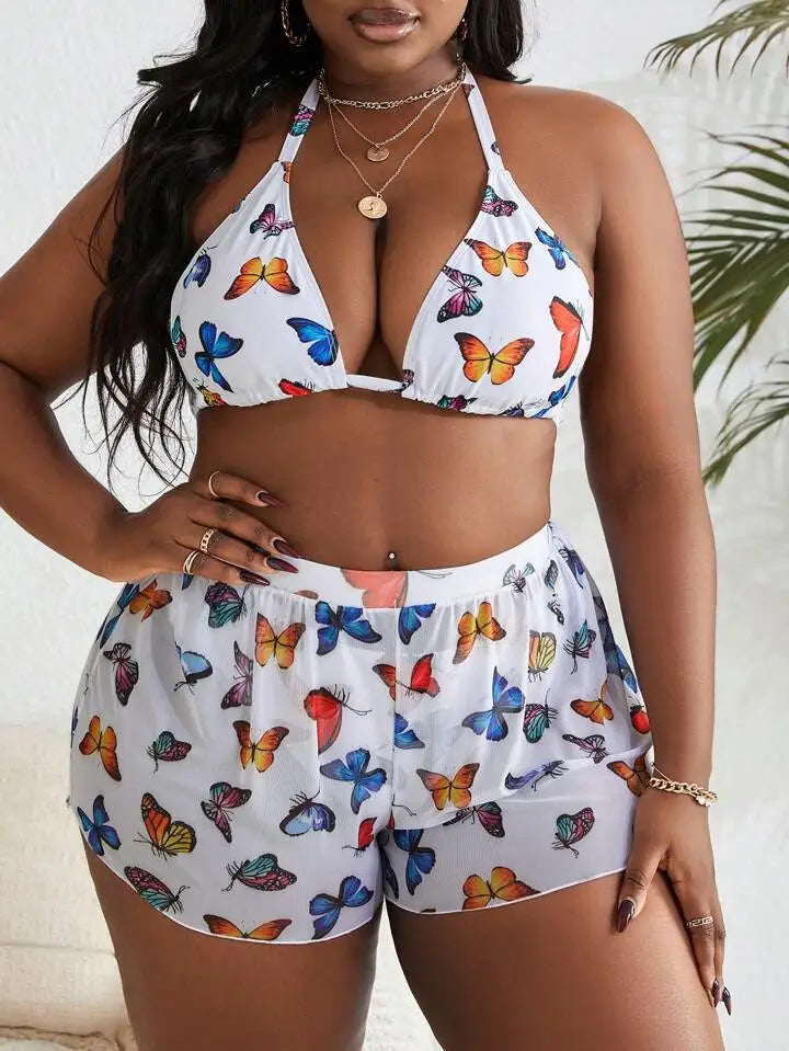 2026 Butterfly Print Plus Size Tankini Set Women Large Mesh Shorts SwimWear Ladies Beach Curvy Halter Backless 3 Piece Swimsuit