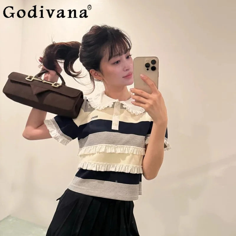 Japanese Style Sweet Women's Short Sleeve Knit Top 2026 Summer Lady Fashion Letter Embroidery Casual Knit Shirt Female T-Shirt