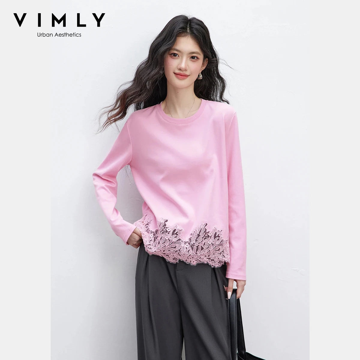 VIMLY Women‘s Casual T Shirts 2026 Spring New Fashion Round Neck Contrast Lace Trim Versatile Loose Fit Long Sleeve Top A3980