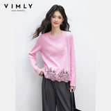 VIMLY Women‘s Casual T Shirts 2026 Spring New Fashion Round Neck Contrast Lace Trim Versatile Loose Fit Long Sleeve Top A3980