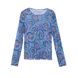 MOVEUP Long-Sleeved Crew Neck Top, Spring 2026 New Geometric Print Mesh Ruffled Hem Personalized Casual Top For Women 3ELC10535