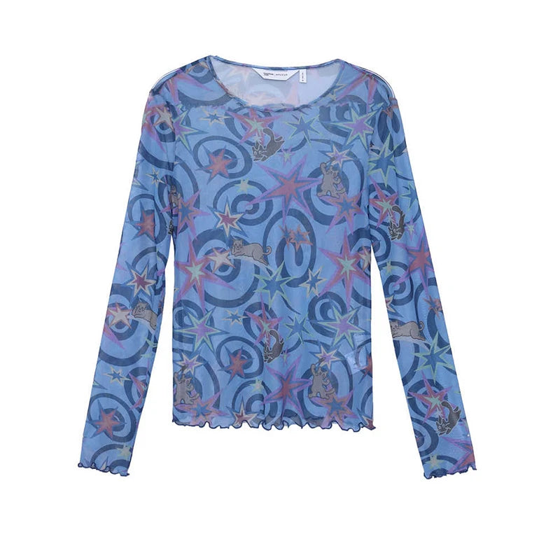 MOVEUP Long-Sleeved Crew Neck Top, Spring 2026 New Geometric Print Mesh Ruffled Hem Personalized Casual Top For Women 3ELC10535