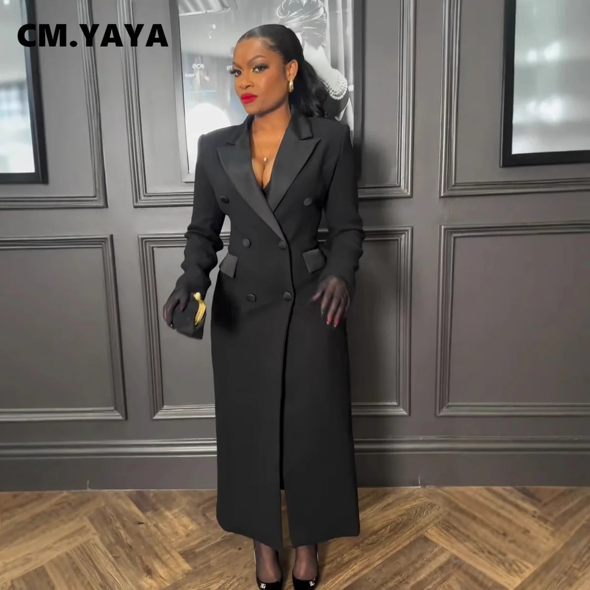 CM.YAYA Fashion Women OL Work Double Breasted Notched Long Sleeve Maxi Dress Spring Sexy Night Elegant Party Street Long Dresses