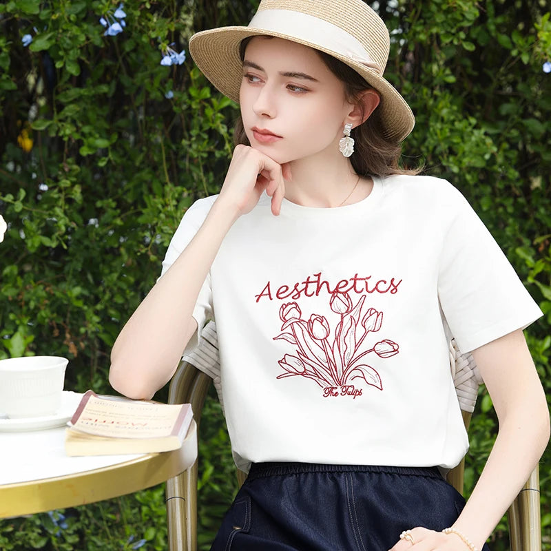 I BELIEVE YOU Round Neck Short Sleeve Women's T-Shirt 2026 New Tulip Letter Embroidery Tops Retro Artistic Tees 2261016223