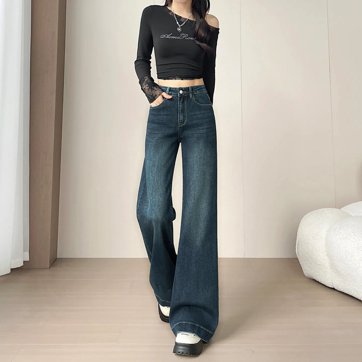 Ins Popular Korean Loose Ramie Palazzo Trousers, Spring Autumn Natural Texture All-Match Daily Walking Casual Pants