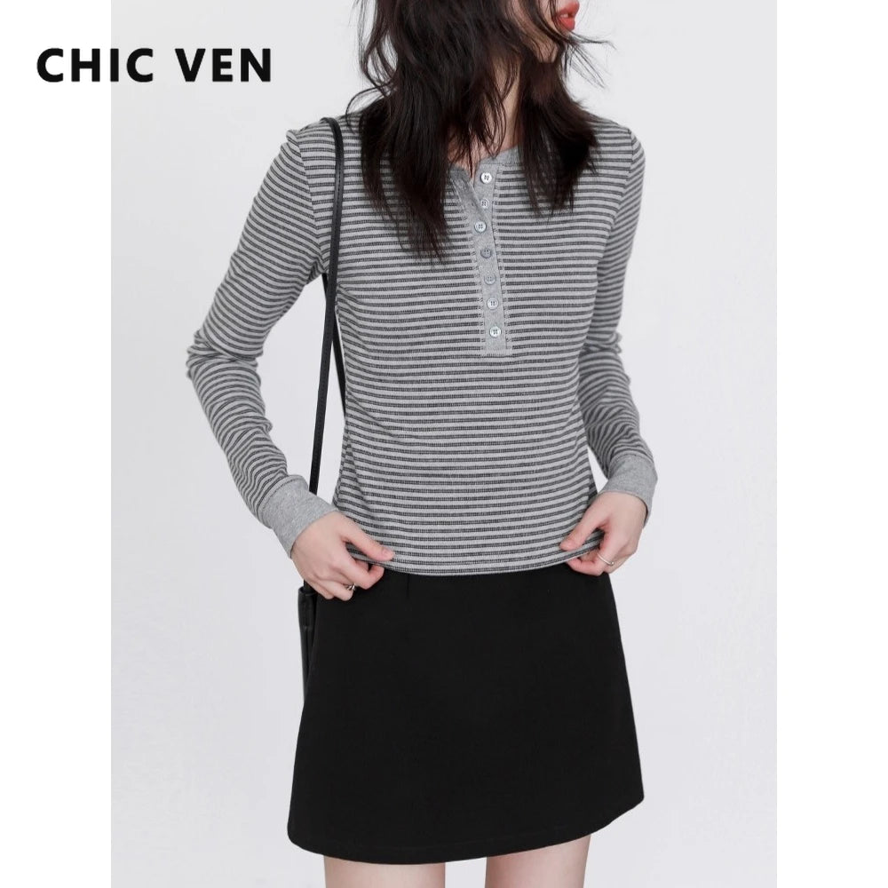 CHIC VEN Women T-Shirts New Contrast Color O Neck Slim Fit Striped Long Sleeved Knitted Tees Base Female Top Autumn Winter 2025
