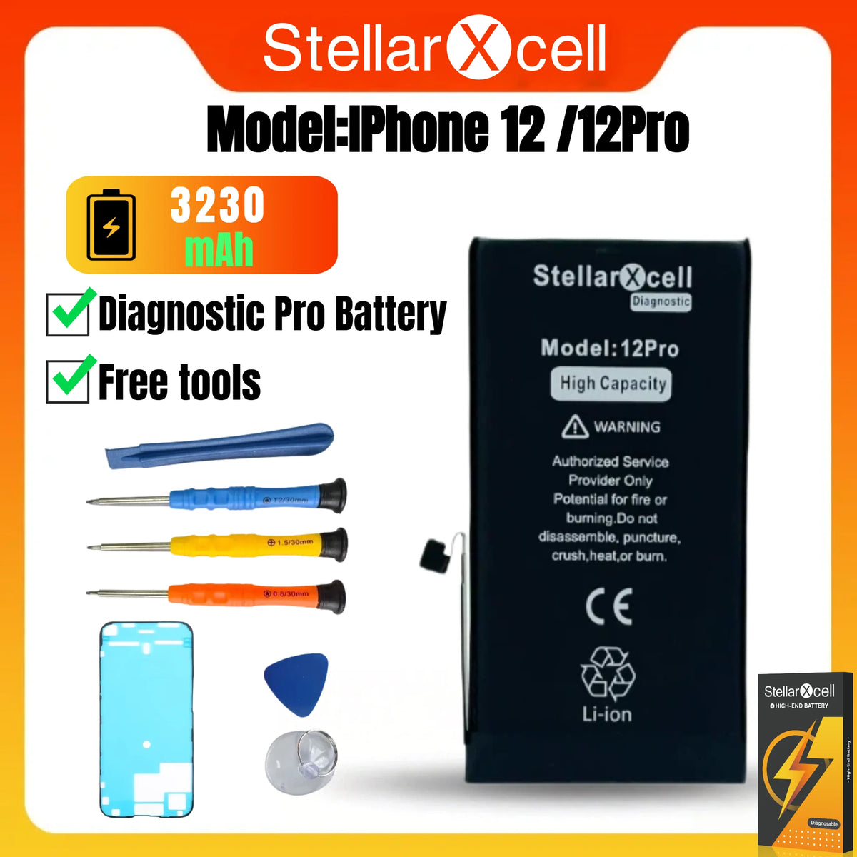StellarXcell Diagnostic Battery Show Genuine Display Genuine Part No Error for iPhone 12 13Pro 14Plus 15Pro with Free Tools