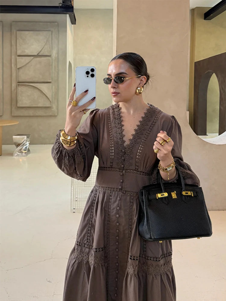 Elegant White Hollow Out Embroidery Long Dress Women V Neck Puff Sleeve Loose Maxi Dresses 2026 Autumn Casual Daily Party Robes
