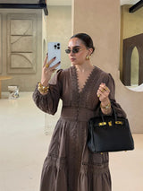 Elegant White Hollow Out Embroidery Long Dress Women V Neck Puff Sleeve Loose Maxi Dresses 2026 Autumn Casual Daily Party Robes