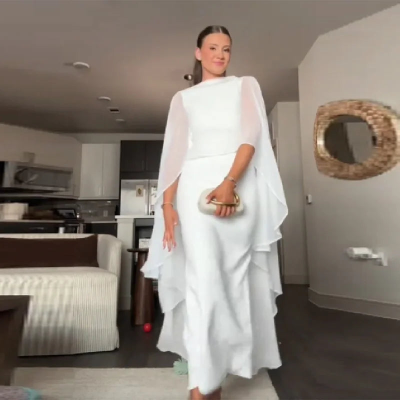 Stylish White Shawl Slim Fit Maxi Dress Women Elegant Cape Sleeve Round Neck Bodycon Vestido 2026 Lady Summer Chic Party Robes