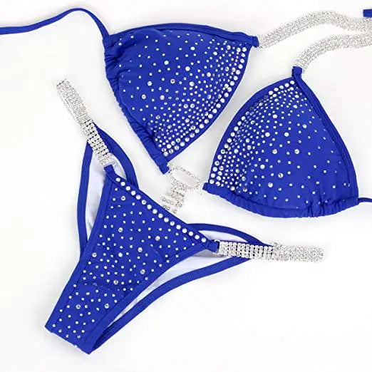 NPC IFBB Pro Competition Bikini Posing Suit for Women Rhinestone Connectors Scrunch Bikini