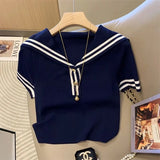 Oversize Sailor Collar Short Sleeve Thin Knitted T-shirt Women Slim Patchwork Big Sizebasic Shirt Summer Female Chic Blue Top