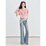 VIMLY Women's French Pink Short Sleeve T-shirt 2026 Summer New Flower Pouch Design Crew Neck Top Fashion Casual Wear A6828