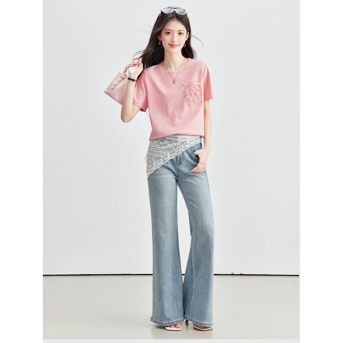 VIMLY Women's French Pink Short Sleeve T-shirt 2026 Summer New Flower Pouch Design Crew Neck Top Fashion Casual Wear A6828