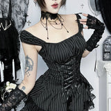 Goth Dark Lolita Outfits Cyber Y2K Striped Bandage Mini Dresses Sweet Lace Stitch Hem Cake Dress Mall Gothic Straps Party Gown