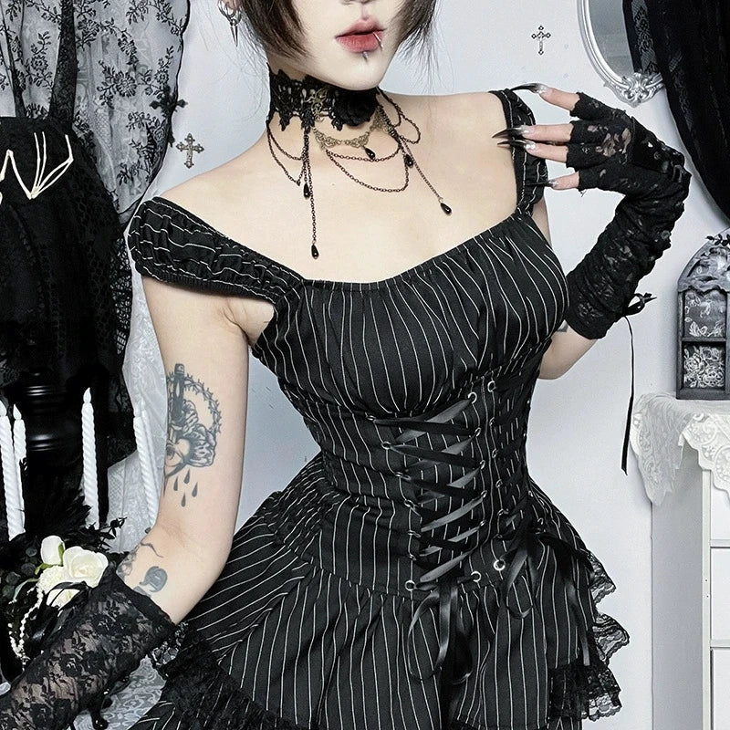 Goth Dark Lolita Outfits Cyber Y2K Striped Bandage Mini Dresses Sweet Lace Stitch Hem Cake Dress Mall Gothic Straps Party Gown