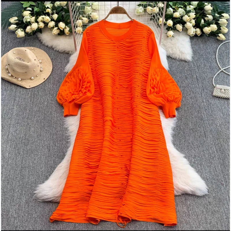 Mizhai Nail Beads Hollow Fringed Disc Pleats High-end Loose Round Neck Heavy Industry Lantern Sleeves Long Dress Women's New