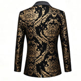 Men Black Gold Floral Jacquard Blazer Black Satin Shawl Lapel Slim Fit Jacket Wedding Groom Tuxedo For Party Prom