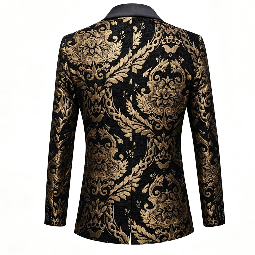 Men Black Gold Floral Jacquard Blazer Black Satin Shawl Lapel Slim Fit Jacket Wedding Groom Tuxedo For Party Prom