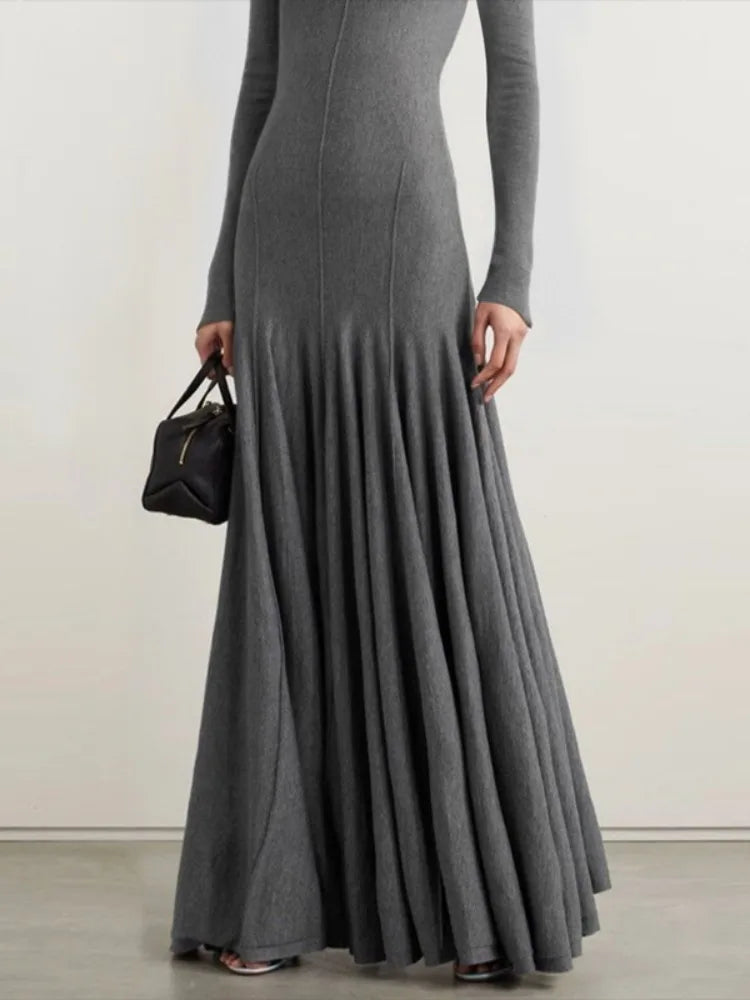 Freeacy Women's Grey Knit Maxi Dress Turtleneck Long Sleeve with Fitted Bodice and Flared Mermaid Skirt Elegant Party Dresses