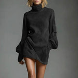 Autumn Retro Solid Suede Mini Short Dresses Sexy Turtleneck Slim Woman Pullover Dress Winter Long Sleeve Pockets Female Clothing