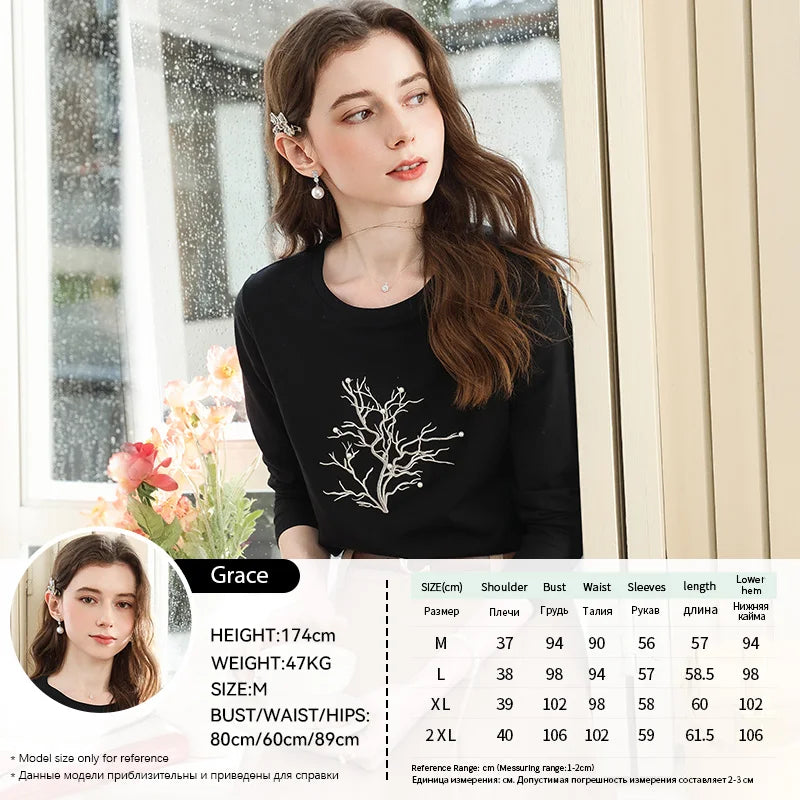 I BELIEVE YOU Women's Long Sleeved T-shirt 2025 Autumn Fashion Black Embroidered Nail Bead Casual Tops Woman Clothes 2253016106