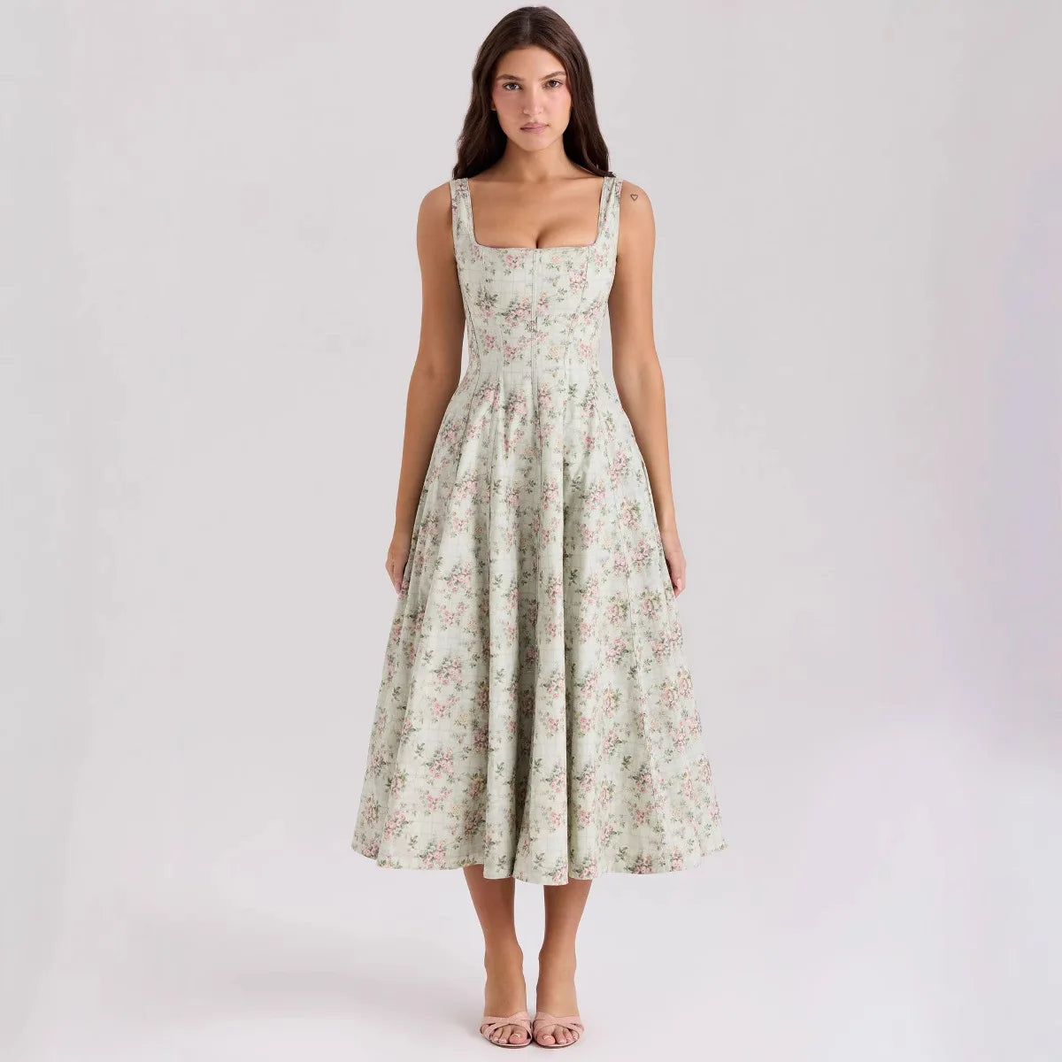 Oligai Summer Elegant Midi Dress 2025 New Arrivals Lace Up Floral Print Dress Women Sexy Corset Dress for Holiday Birthday