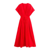 HH Female Summer Elegant Long Dress Solid V-Neck Short Sleeve Bow Lace-Up Single-Breasted Women's Fashion Casual Dress