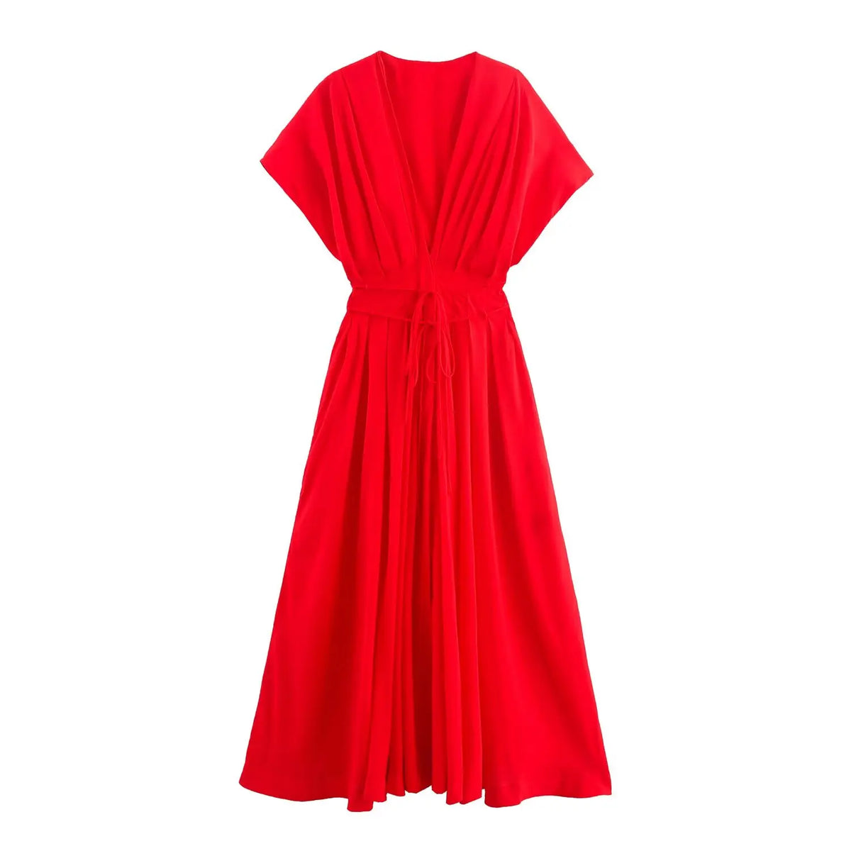 HH Female Summer Elegant Long Dress Solid V-Neck Short Sleeve Bow Lace-Up Single-Breasted Women's Fashion Casual Dress
