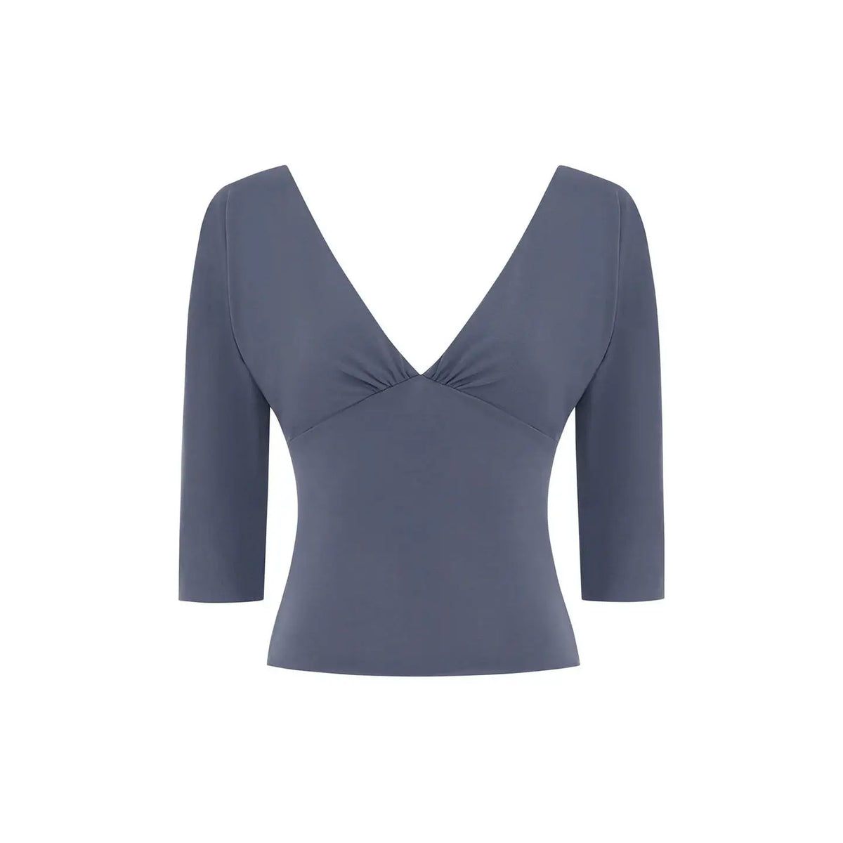 With Jean Misty Blue-Purple Deep V-Neck 3/4 Sleeve Top With Pleated Neckline and a Fitted Short Style Top