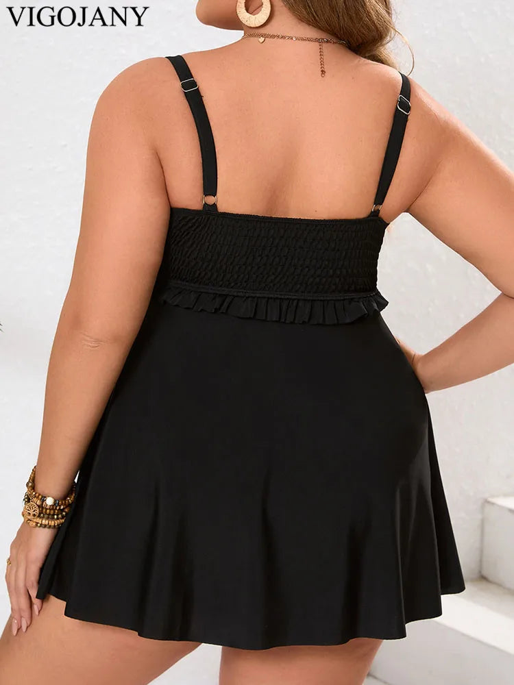 VigoJany 2026 Sexy Strapped 2 Piece Plus Size Tankini Women Solid Push Up Curvy Dress Swimsuit Brazilian Lady Big Bathing Suit