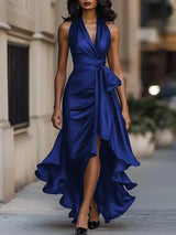 Freeacy Women's Deep V-neck Ruffled Evening Gowns Solid Color Lace-up High Waist Satin Party Dresses Wedding Guests Dress